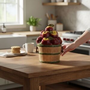 Vintage Apple bushel canister ceramic cookie jar, 12 tall, 7 wide, like new